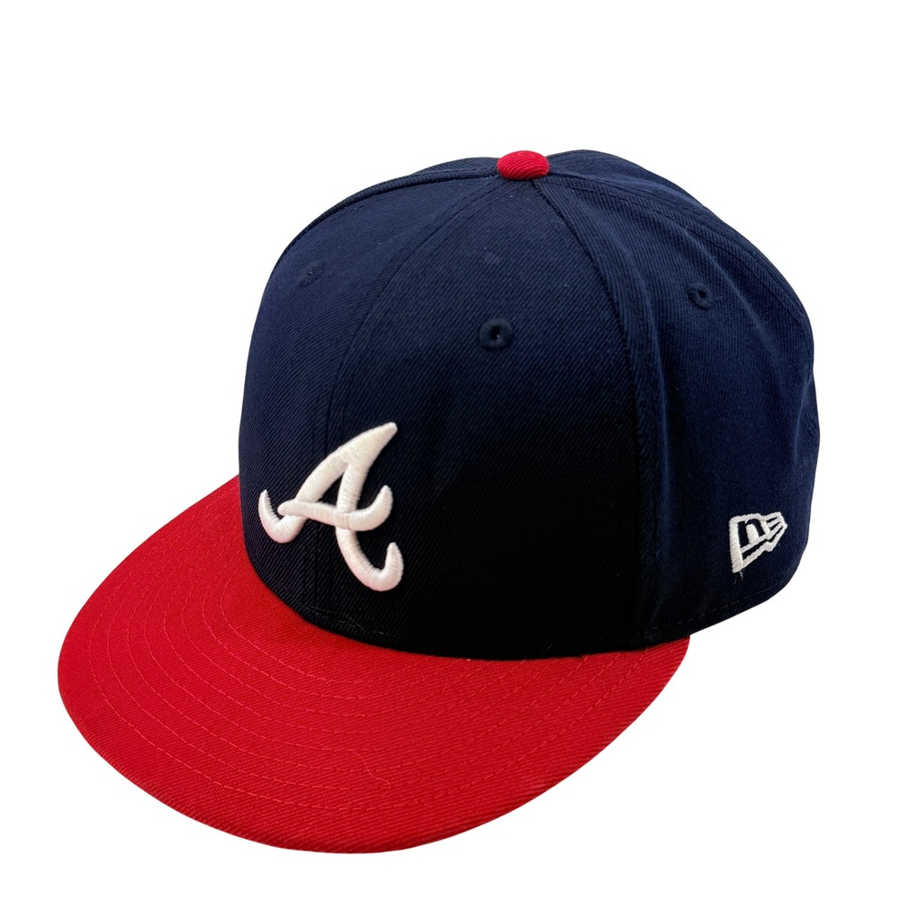 Atlanta Braves New Era 59FIFTY Fitted Hat Size 7 3/8 Navy Red MLB On Field Cap